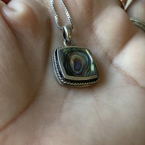 Vintage Sterling Silver 925 Abalone Square Roped Pendant w/ 18in Box Chain 9.13g - Picture 10 of 15